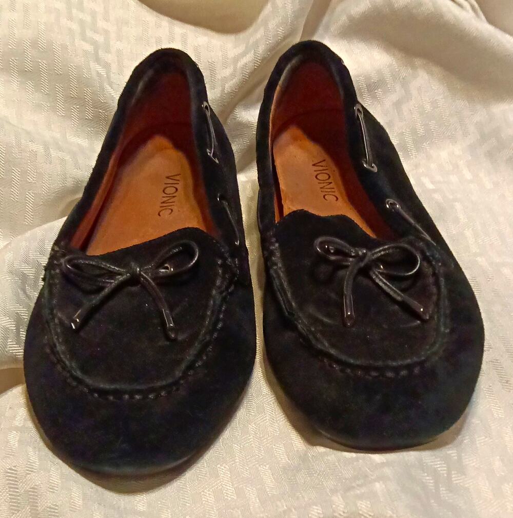 Vionic Women's Black Leather Slip-On Loafer Flats Bow Accent Round Toe US 9